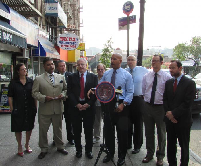 Pictured are (l to r): Farrah Rubin, Kingsbridge-Riverdale-Van Cortlandt Development Corporation; Sergio Villaverde, chairperson of the economic development committee of Community Board #8; Capt. Terence O’Toole, commanding officer of the 50th Precinct; Assembly Member Jeffrey Dinowitz; Robert Press, member, Community Board #8; Borough President Diaz; State Senator Gustavo Rivera; City Council Member Andrew Cohen; and Dan Padernacht, chairman of Community Board #8.