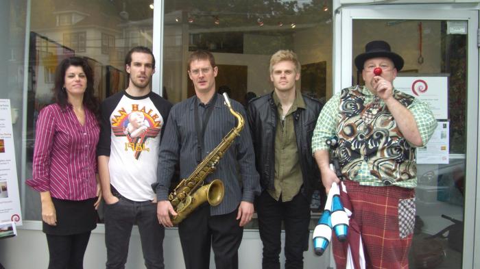 Linda Manning with performers she lined up for the Festival outside Elisa Contemporary Art Gallery